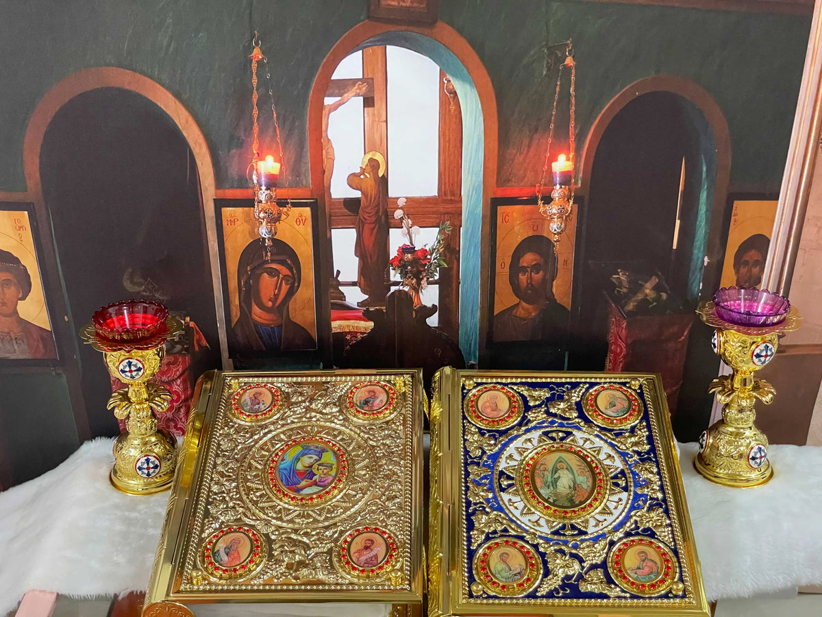 Ornate Orthodox Gospel Book Cover – Gilded Saint Icon & Rhinestone Design