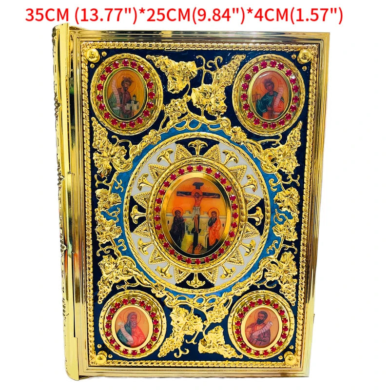 Ornate Orthodox Gospel Book Cover – Gilded Saint Icon & Rhinestone Design