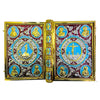 Gilded Orthodox Gospel Book Cover with Sacred Icons & Red Rhinestones