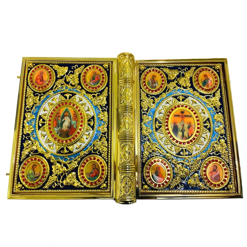Gilded Orthodox Gospel Book Cover with Sacred Icons & Red Rhinestones - Sylva