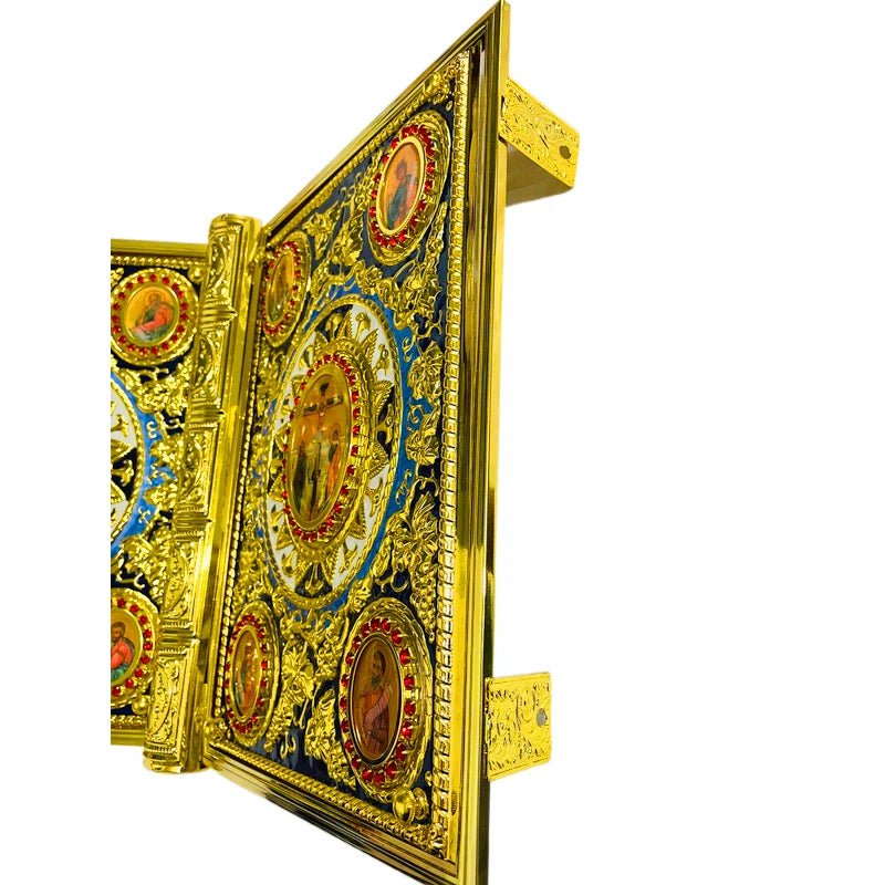 Gilded Orthodox Gospel Book Cover with Sacred Icons & Red Rhinestones - Sylva