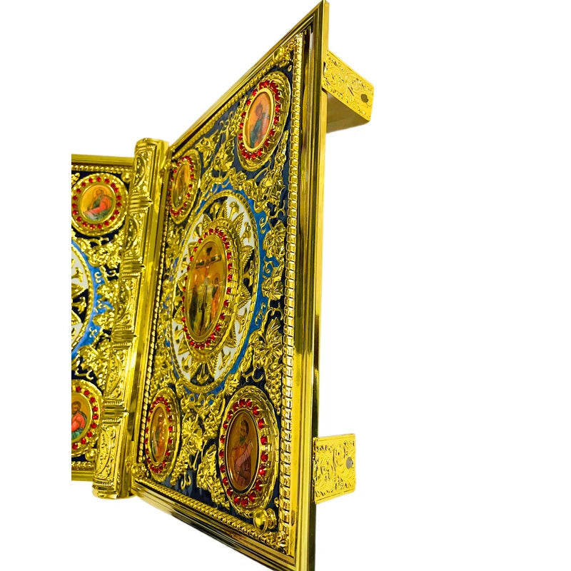 Ornate Orthodox Gospel Book Cover – Gilded Saint Icon & Rhinestone Design