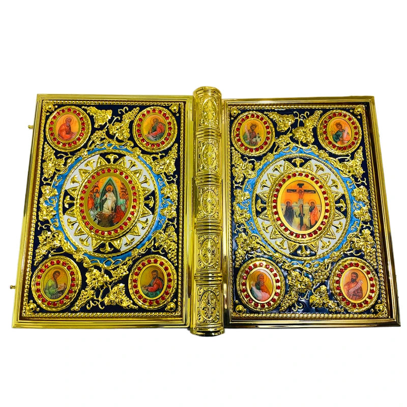 Ornate Orthodox Gospel Book Cover – Gilded Saint Icon & Rhinestone Design