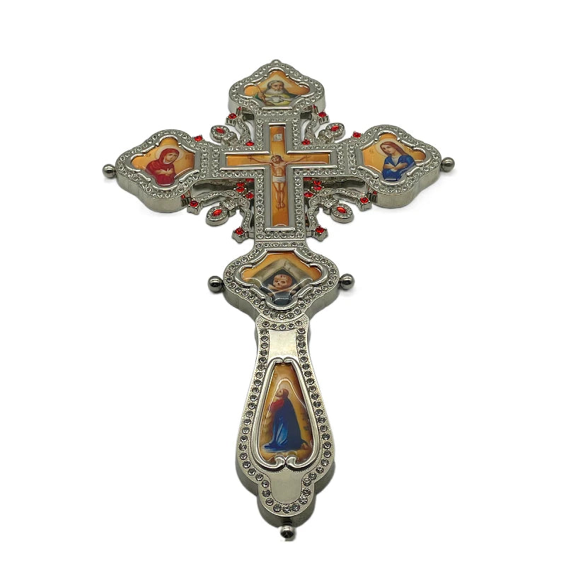 Russian Orthodox Hand Blessing Cross – Byzantine Altar Cross with Icons | Gold & Silver Christian Church Cross | Large 12.2” Religious Gift