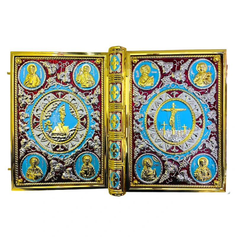 Gilded Orthodox Gospel Book Cover with Sacred Icons & Red Rhinestones - Sylva