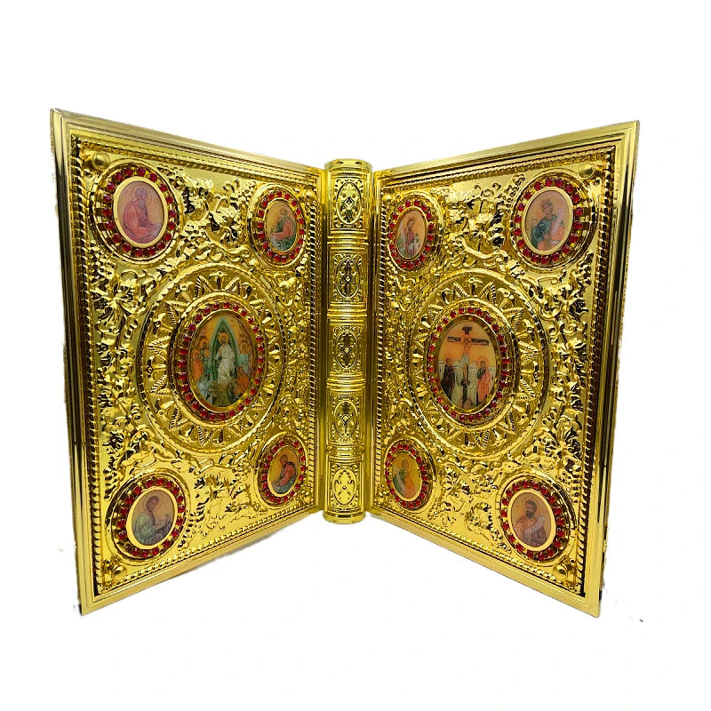 Ornate Orthodox Gospel Book Cover – Gilded Saint Icon & Rhinestone Design