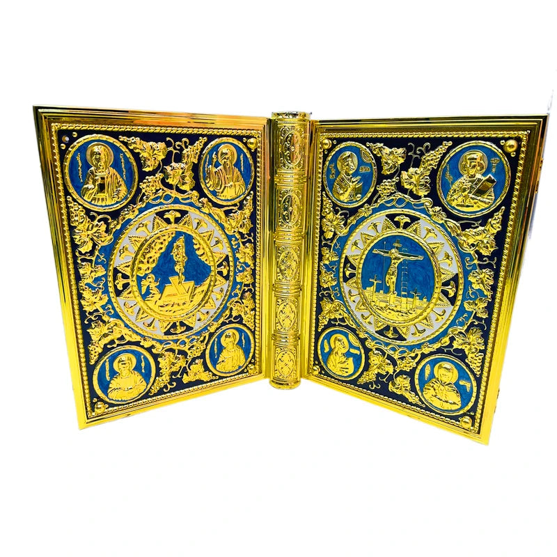 Ornate Orthodox Gospel Book Cover – Gilded Saint Icon & Rhinestone Design