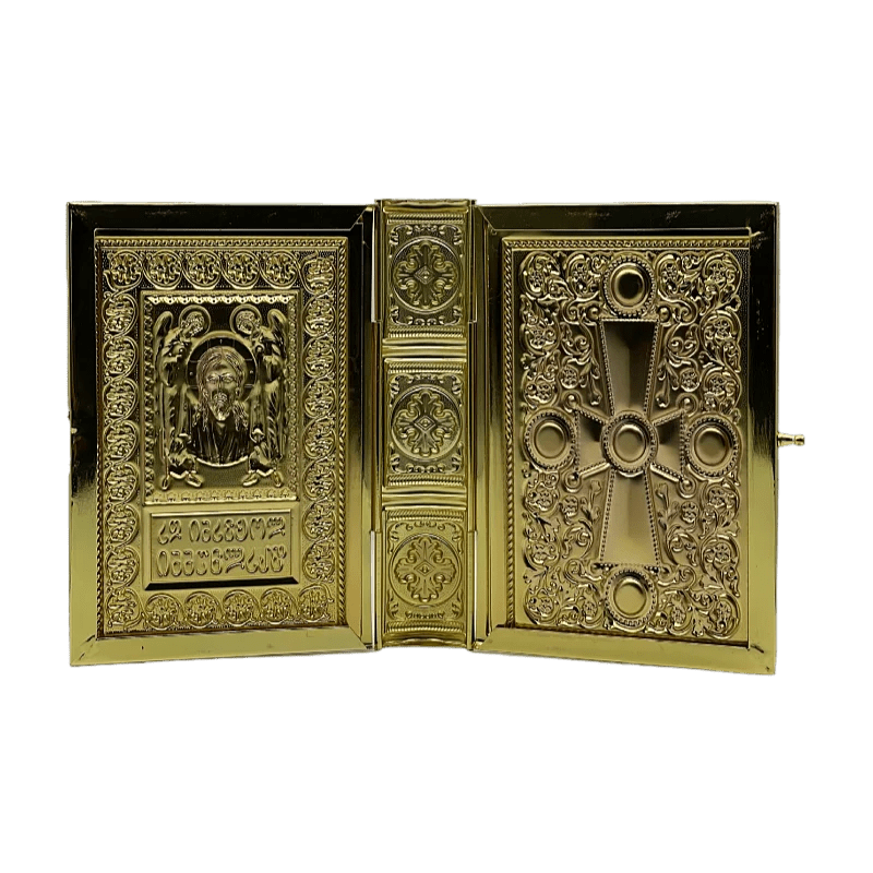 Greek Orthodox Crucifix Book Cover with Stand – Gold Jesus Cross Icon - Sylva