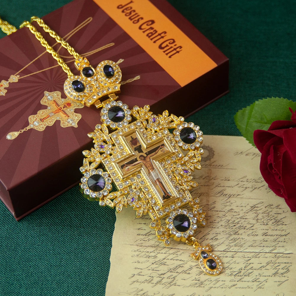 Greek Orthodox Bishop’s Pectoral Cross Necklace with Gemstones – Priest Ordination Religious Cross Pendant for Clergy, Church Ceremonies & Christian Gifts