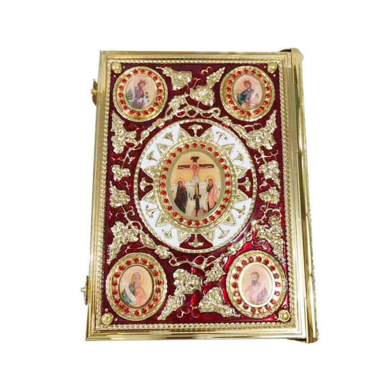 Gilded Orthodox Gospel Book Cover with Sacred Icons & Red Rhinestones - Sylva