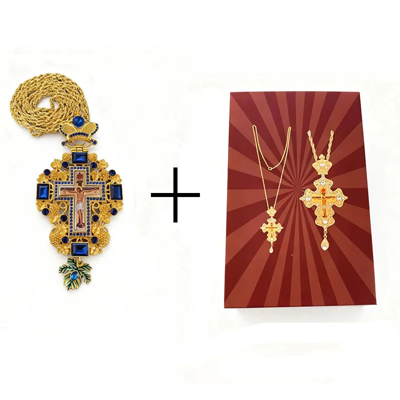 Greek Orthodox Byzantine Pectoral Cross Necklace with Jesus Icon | Priest Long Chain Christian Church Jewelry Gift (Blue & Red)