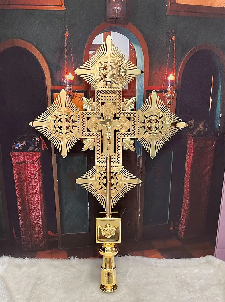 Large Orthodox Processional Cross – Gold Alloy Jesus Crucifix for Church Liturgy
