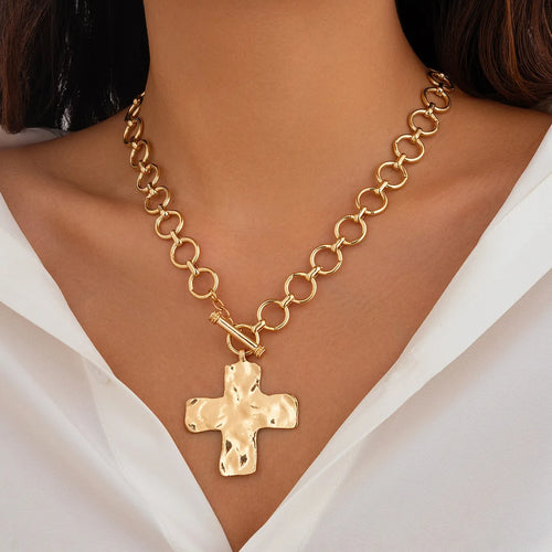 18K Gold-Plated Chunky Cross Necklace for Women – Christian Statement Pendant