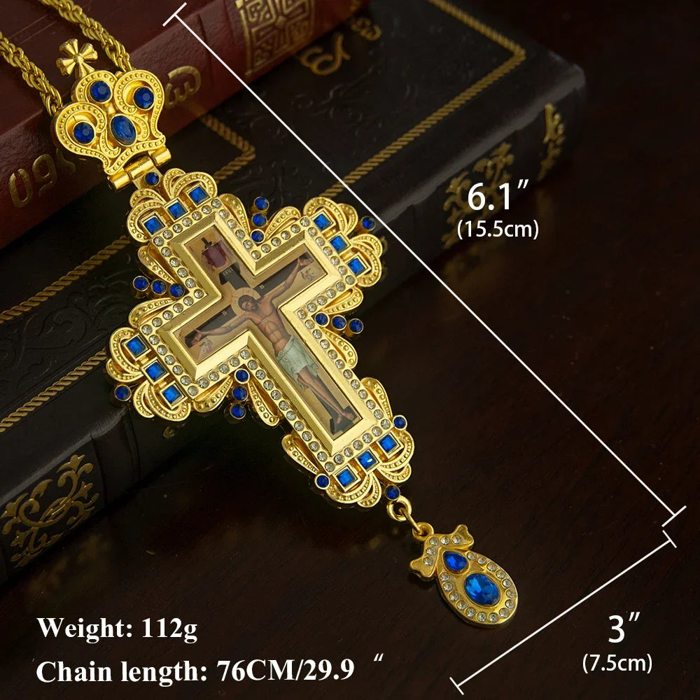 Greek Orthodox Bishop’s Pectoral Cross Necklace for Priest Ordination – Gold Plated Religious Cross with Gemstones
