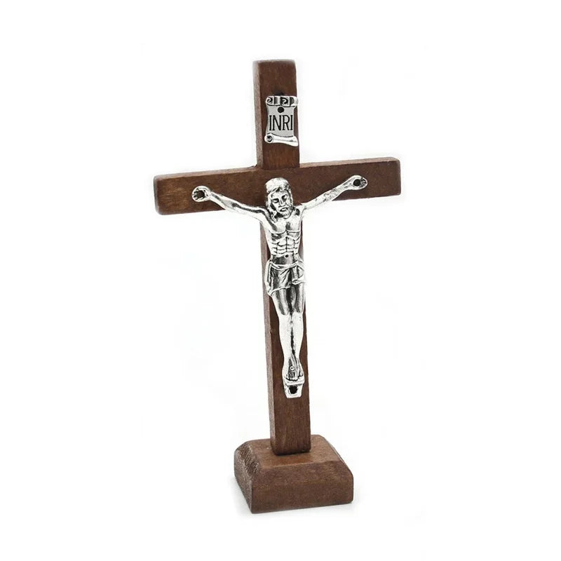 Wooden Catholic Standing Crucifix with Base – Jesus Cross Tabletop Decor