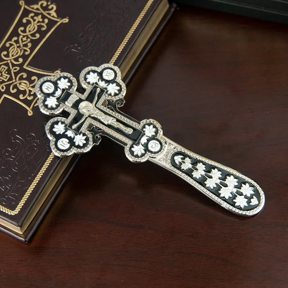 Orthodox Enamel Blessing Cross – Gold-Plated Handheld Prayer Cross for Church, Worship & Christian Gifts