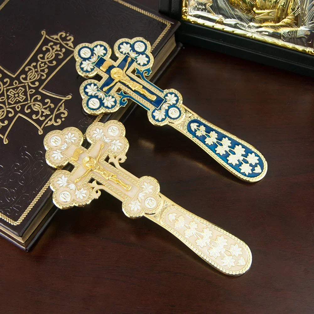 Orthodox Enamel Blessing Cross – Gold-Plated Handheld Prayer Cross for Church, Worship & Christian Gifts