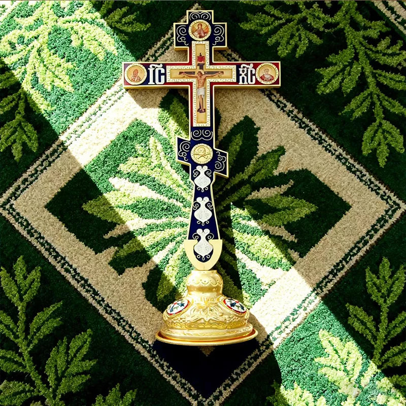Orthodox Standing Crucifix Cross – Gold Plated Christian Altar Cross with Religious Icons | Orthodox Home Decor & Gift