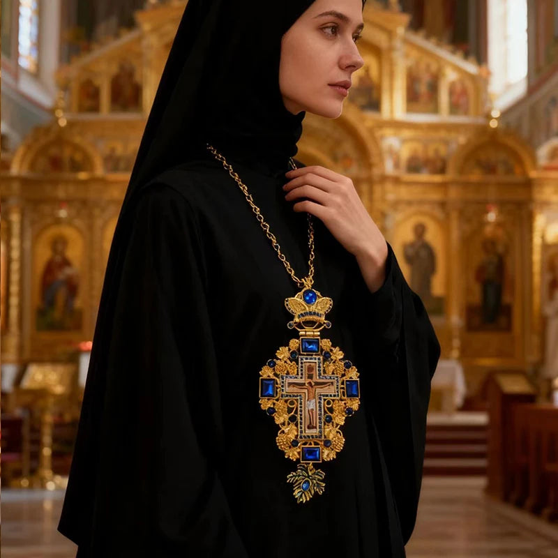 Greek Orthodox Byzantine Pectoral Cross Necklace with Jesus Icon | Priest Long Chain Christian Church Jewelry Gift (Blue & Red)