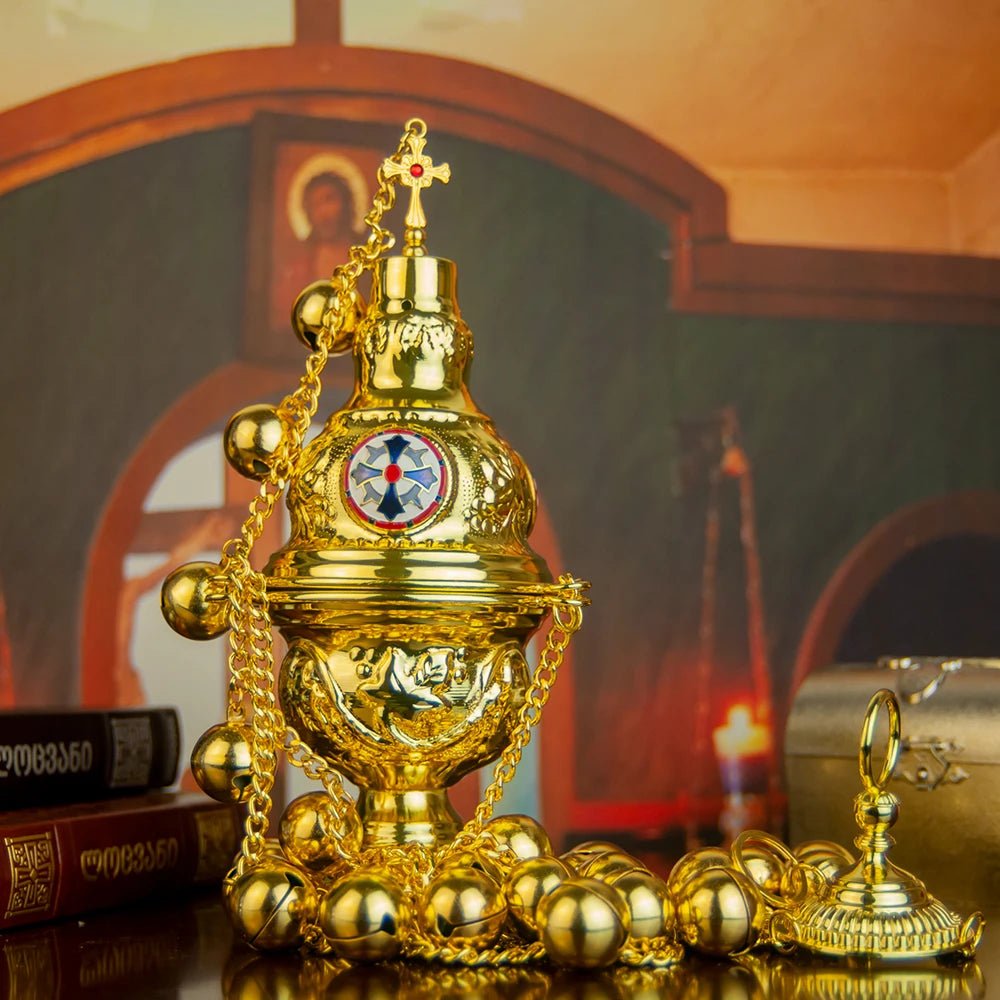 Orthodox Church Censer with 12 Bells – Gold Liturgical Incense Burner - Sylva