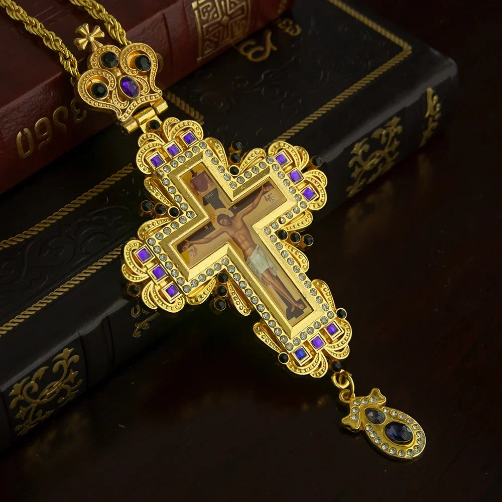 Greek Orthodox Bishop’s Pectoral Cross Necklace for Priest Ordination – Gold Plated Religious Cross with Gemstones