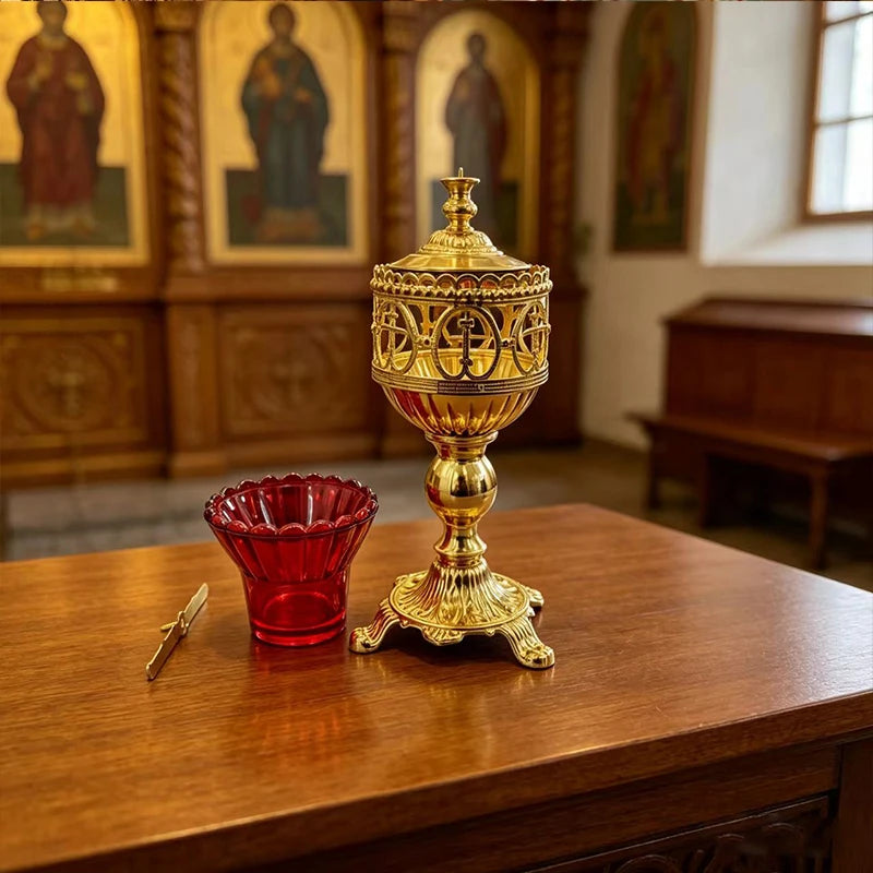 Vintage Gold-Plated Orthodox Candle Holder Set with Red Glass & Cross Design
