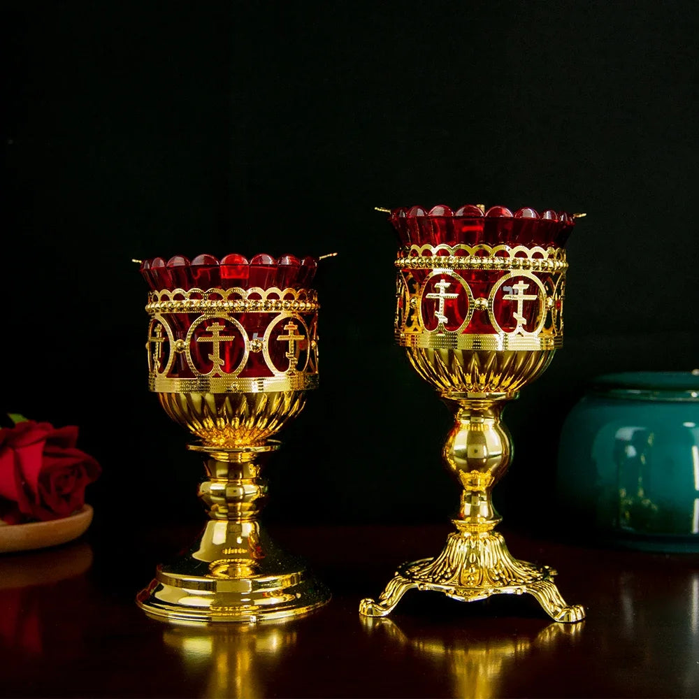 Orthodox Holy Oil Lamp – Gold and Red Church Candlestick