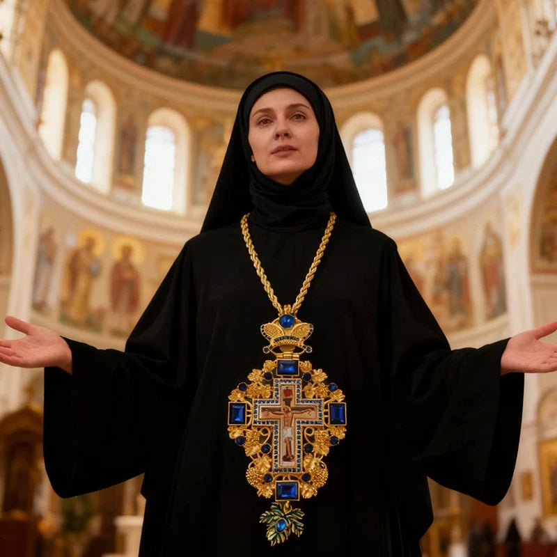 Greek Orthodox Byzantine Pectoral Cross Necklace with Jesus Icon | Priest Long Chain Christian Church Jewelry Gift (Blue & Red)