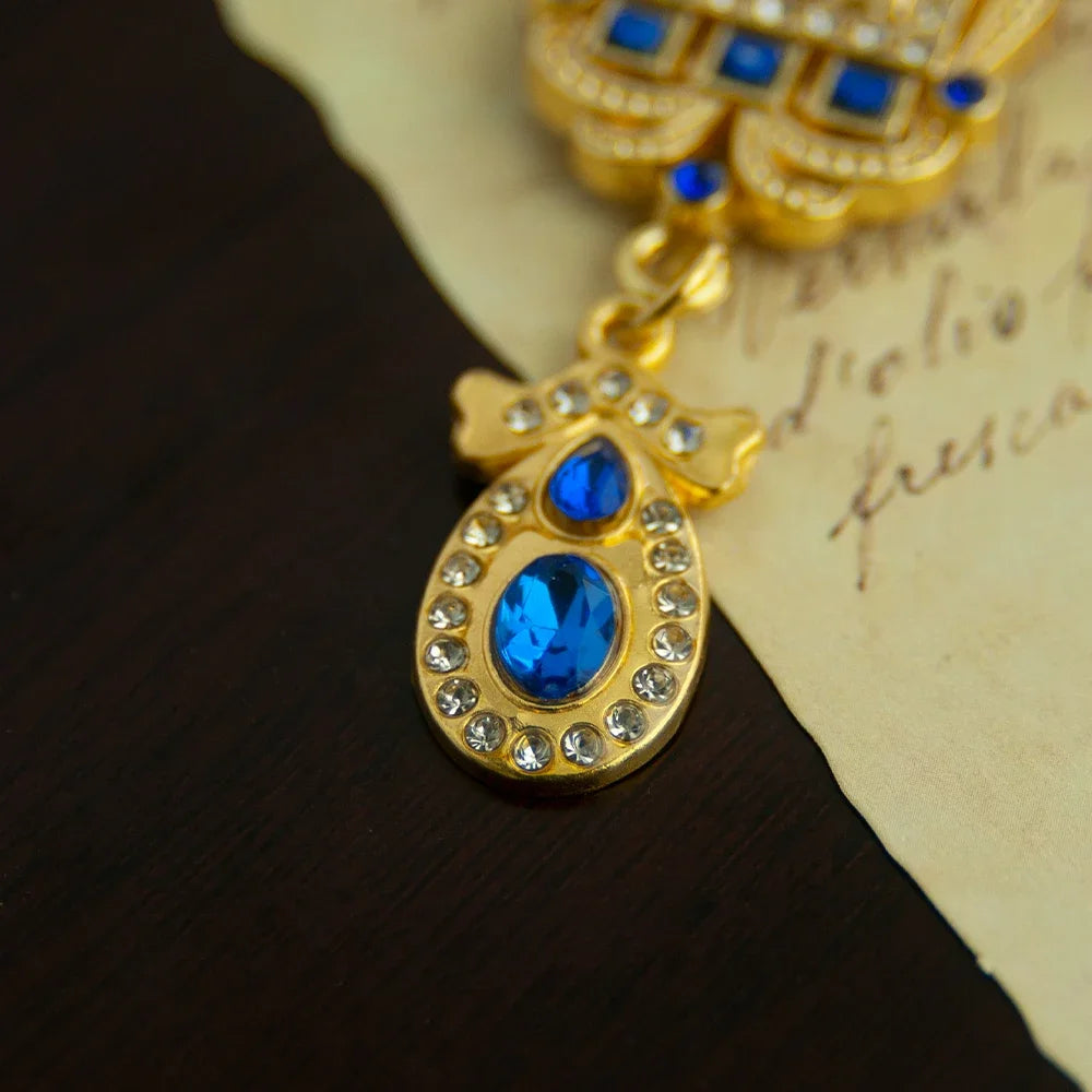 Greek Orthodox Bishop’s Pectoral Cross Necklace for Priest Ordination – Gold Plated Religious Cross with Gemstones