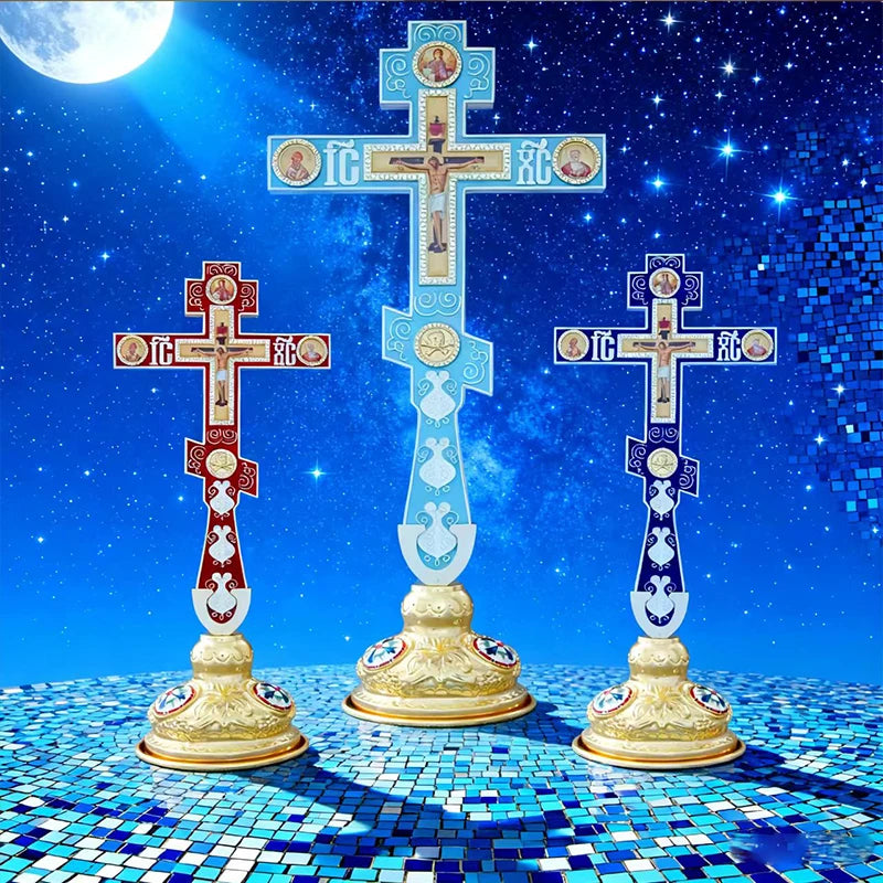 Orthodox Standing Crucifix Cross – Gold Plated Christian Altar Cross with Religious Icons | Orthodox Home Decor & Gift