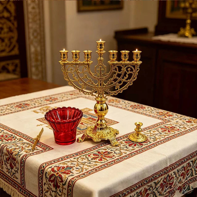Vintage Gold-Plated Orthodox Candle Holder Set with Red Glass & Cross Design