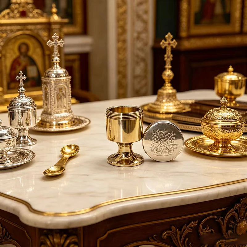 Orthodox Travel Communion Chalice with Spoon & Holy Oil Jar – Portable Mini Metal Christian Eucharist Set (Gold or Silver)
