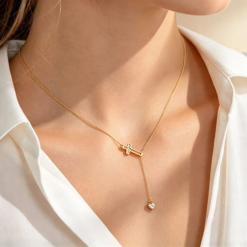 Women’s Cross Lariat Necklace with Heart Drop | SYLVA