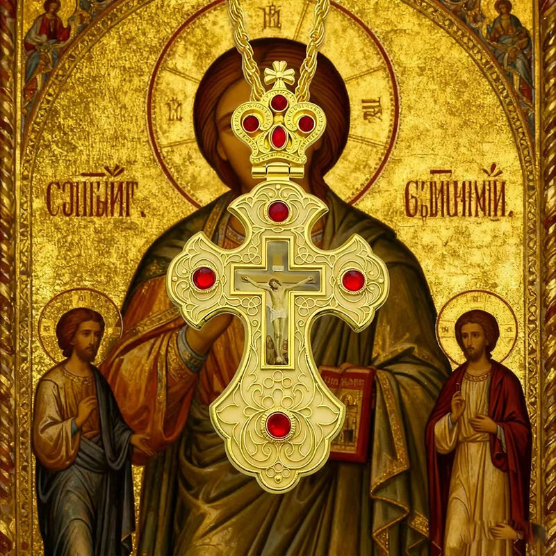 Luxury Orthodox Cross Necklace with Red Crystal & Gold-Plated Enamel Crucifix – Priest Pectoral Cross for Catholic & Orthodox Church