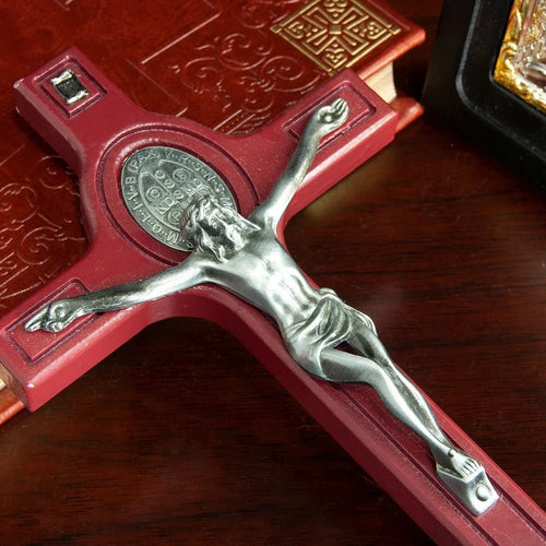Catholic Saint Benedict Crucifix with Holy Water Font – Wooden Wall Cross - Sylva