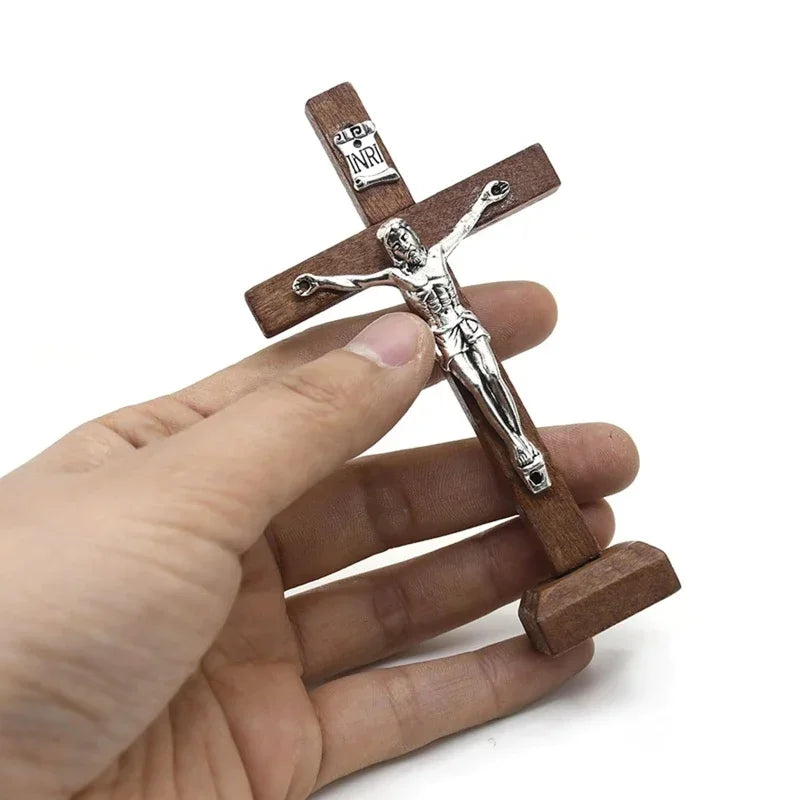 Wooden Catholic Standing Crucifix with Base – Jesus Cross Tabletop Decor