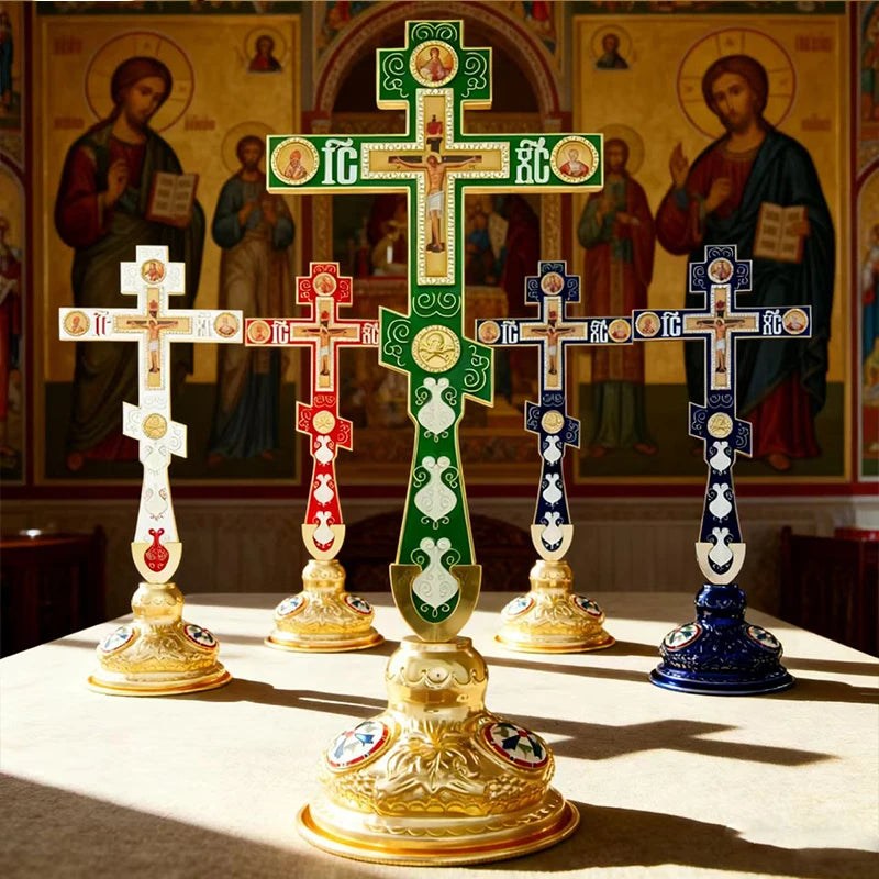 Orthodox Standing Crucifix Cross – Gold Plated Christian Altar Cross with Religious Icons | Orthodox Home Decor & Gift
