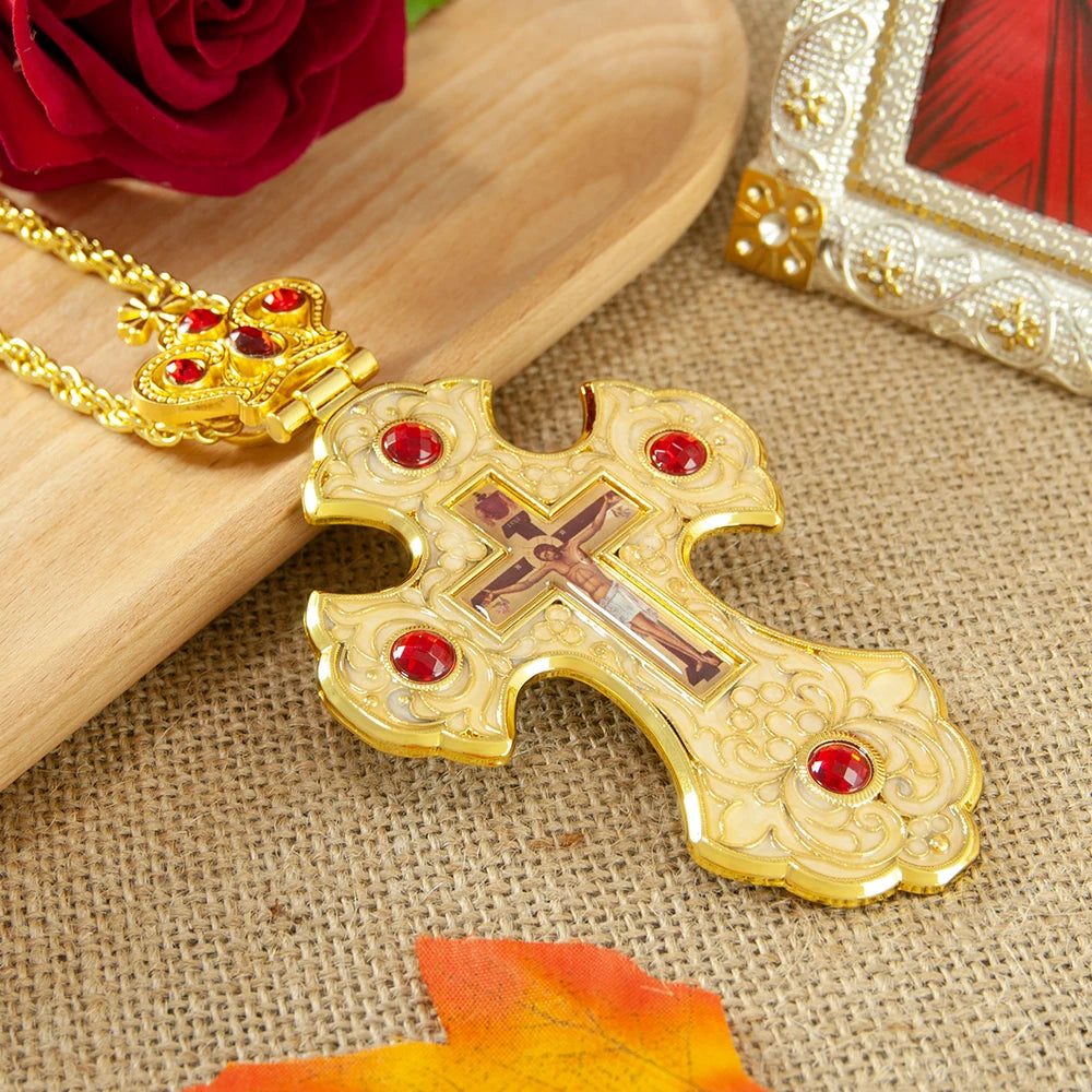 Luxury Orthodox Cross Necklace with Red Crystal & Gold-Plated Enamel Crucifix – Priest Pectoral Cross for Catholic & Orthodox Church