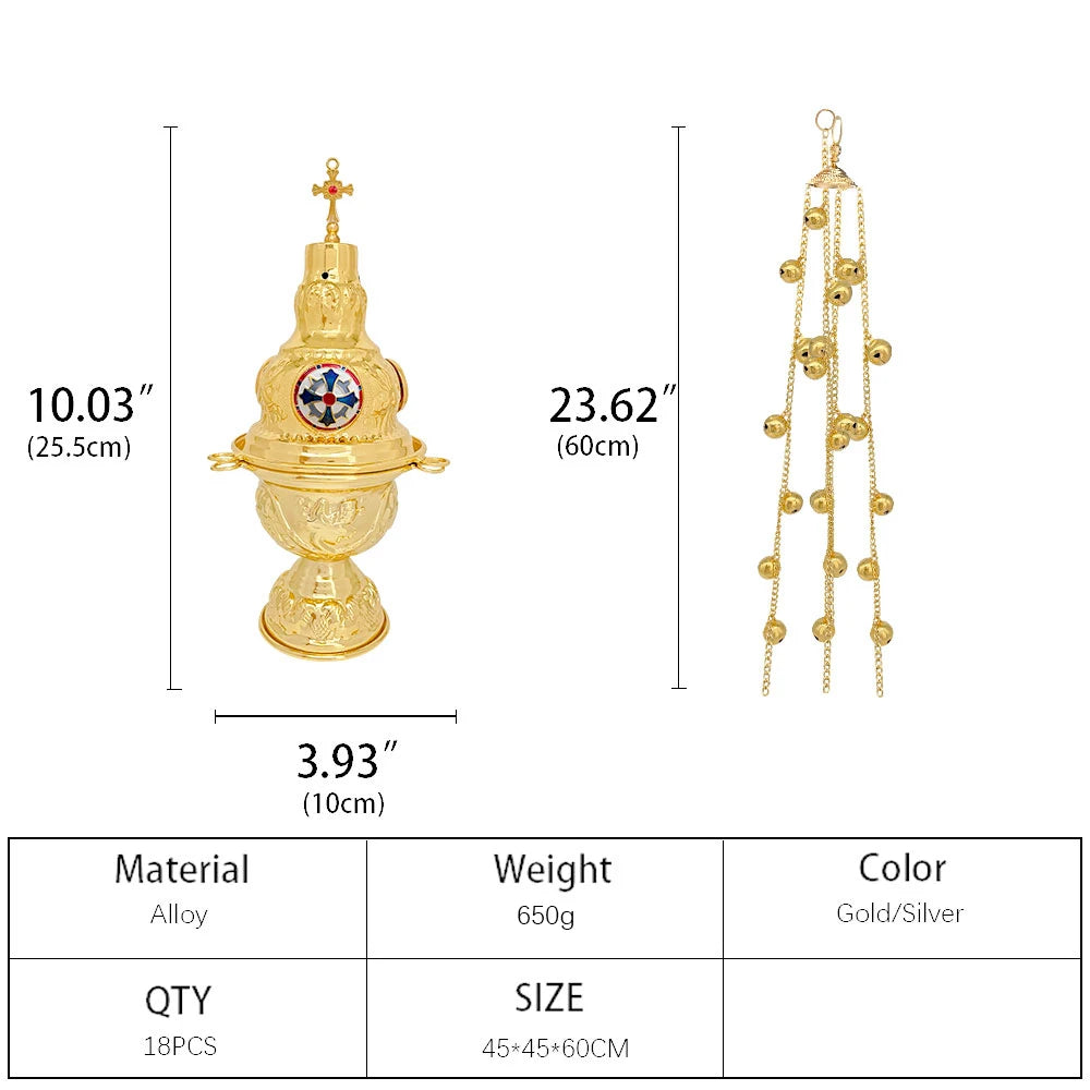 Orthodox Church Censer with 12 Bells – Gold Liturgical Incense Burner