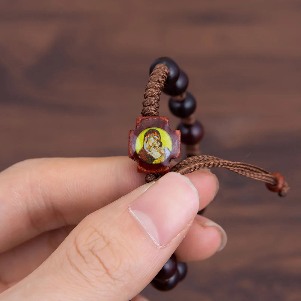 Handmade Wooden Rosary Bracelet with Jesus & Mary Charms – Adjustable Catholic Prayer Bracelet for Faith & Spiritual Gifts