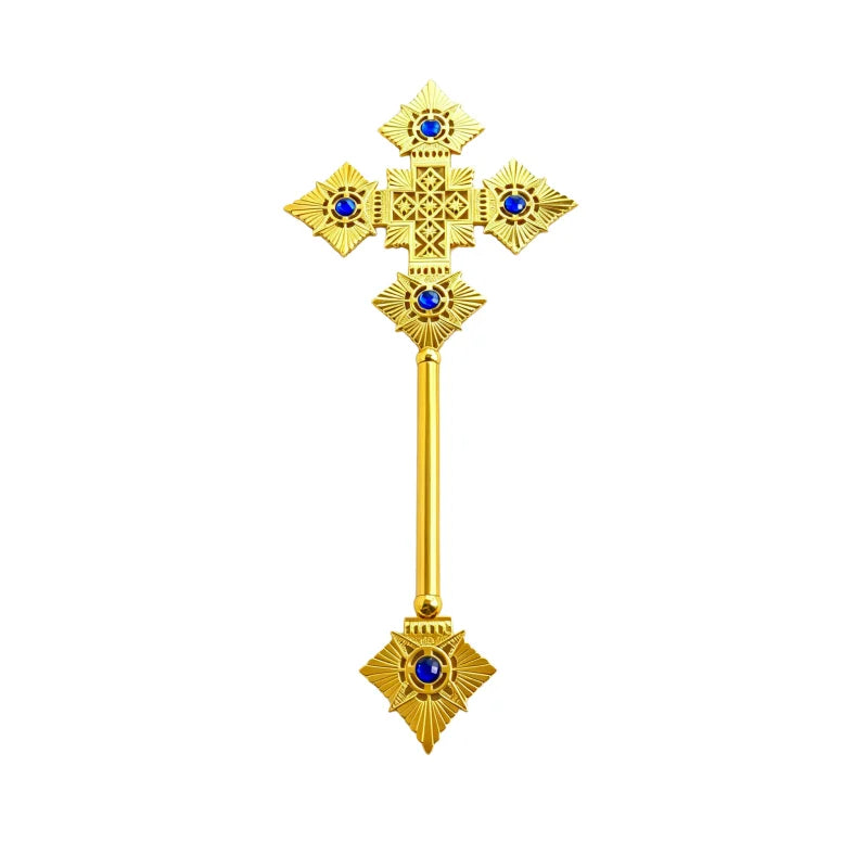 Byzantine Orthodox Priest Blessing Hand Cross – Gold with Red or Blue Gems