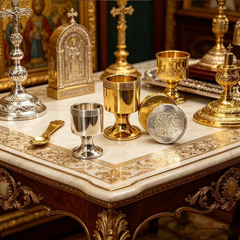 Orthodox Travel Communion Chalice with Spoon & Holy Oil Jar – Portable Mini Metal Christian Eucharist Set (Gold or Silver)