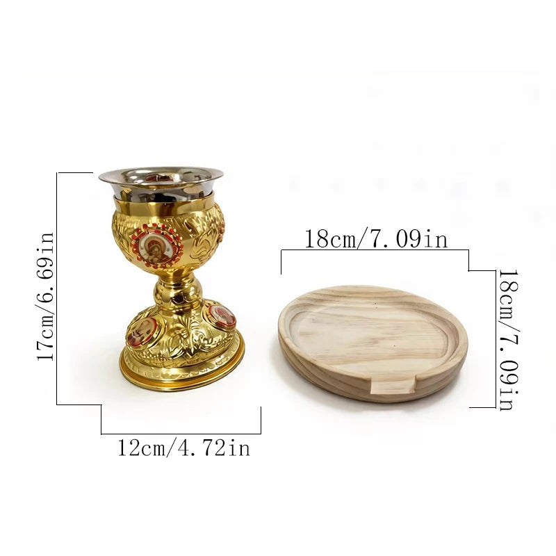 Orthodox Byzantine Altar Chalice with Sacred Icon & Wooden Tray