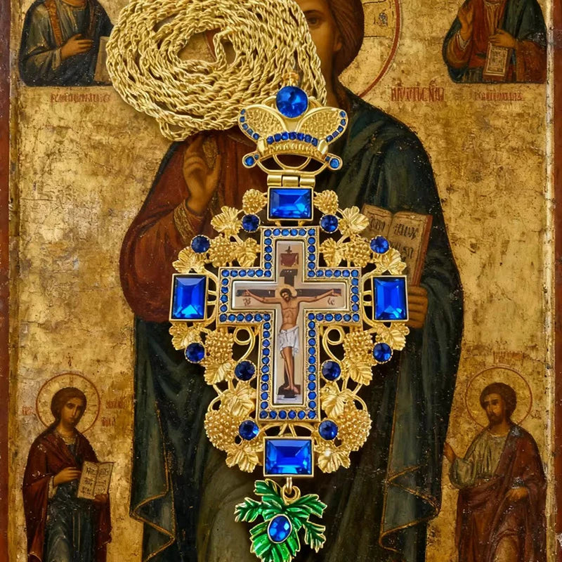 Greek Orthodox Byzantine Pectoral Cross Necklace with Jesus Icon | Priest Long Chain Christian Church Jewelry Gift (Blue & Red)