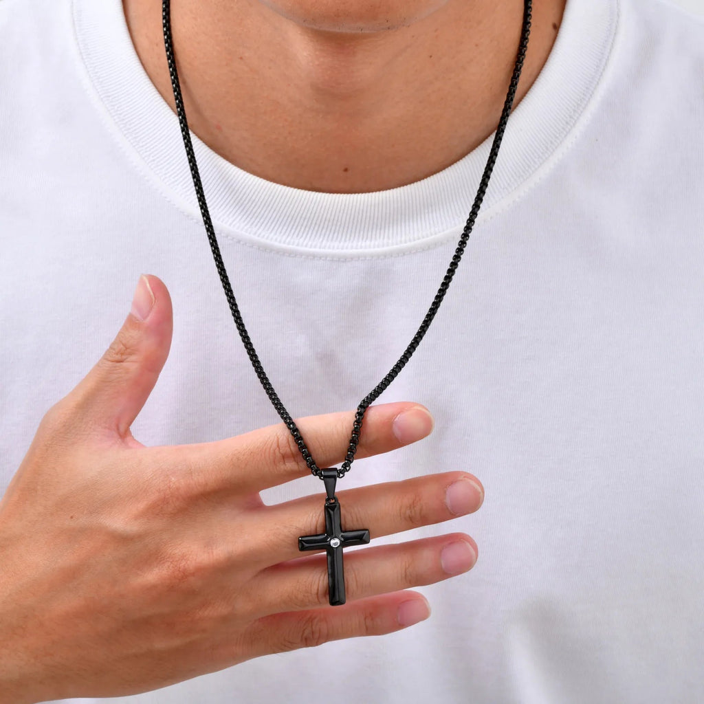 Men’s Black Stainless Steel Cross Necklace with Zircon - Sylva