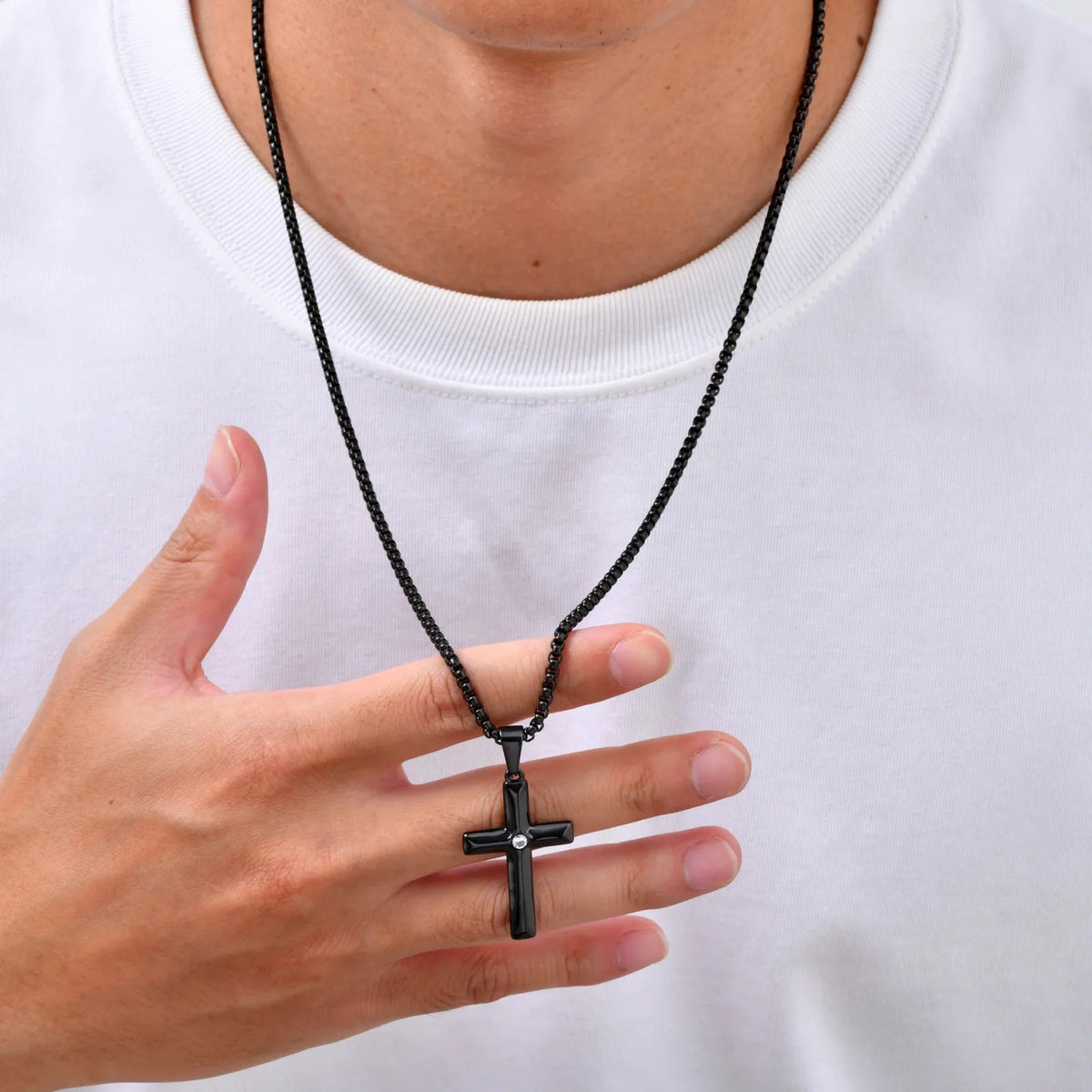 Men’s Black Stainless Steel Cross Necklace with Zircon - Sylva