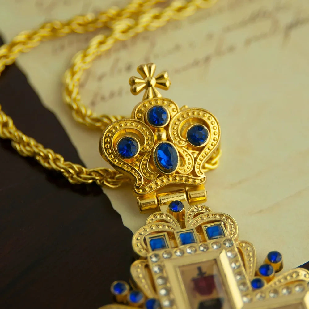 Greek Orthodox Bishop’s Pectoral Cross Necklace for Priest Ordination – Gold Plated Religious Cross with Gemstones