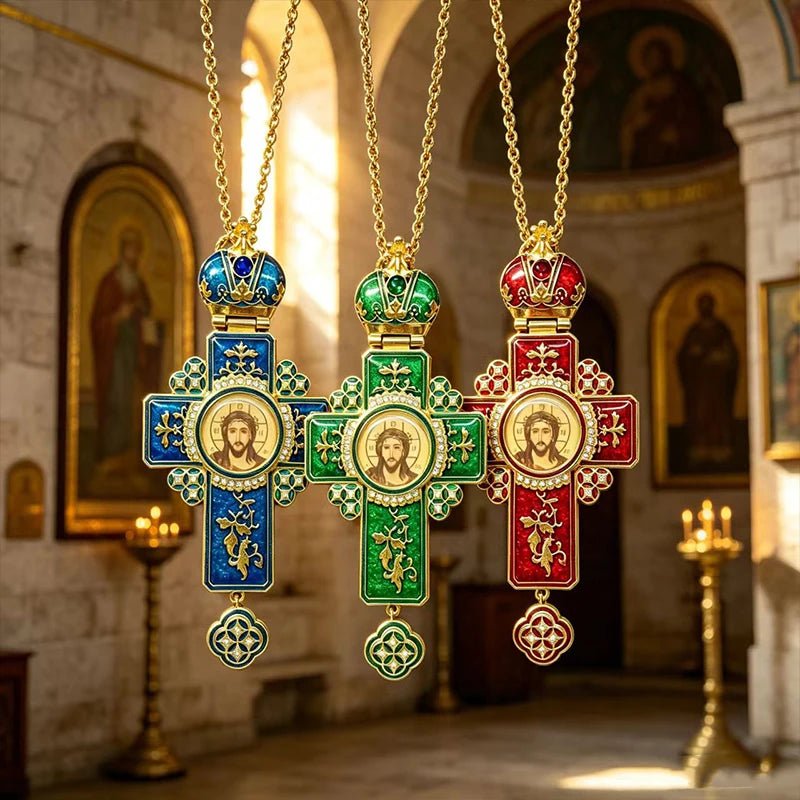 Byzantine Orthodox Wall Cross – Gold Plated Cloisonné Enamel Jesus Icon - Sylva