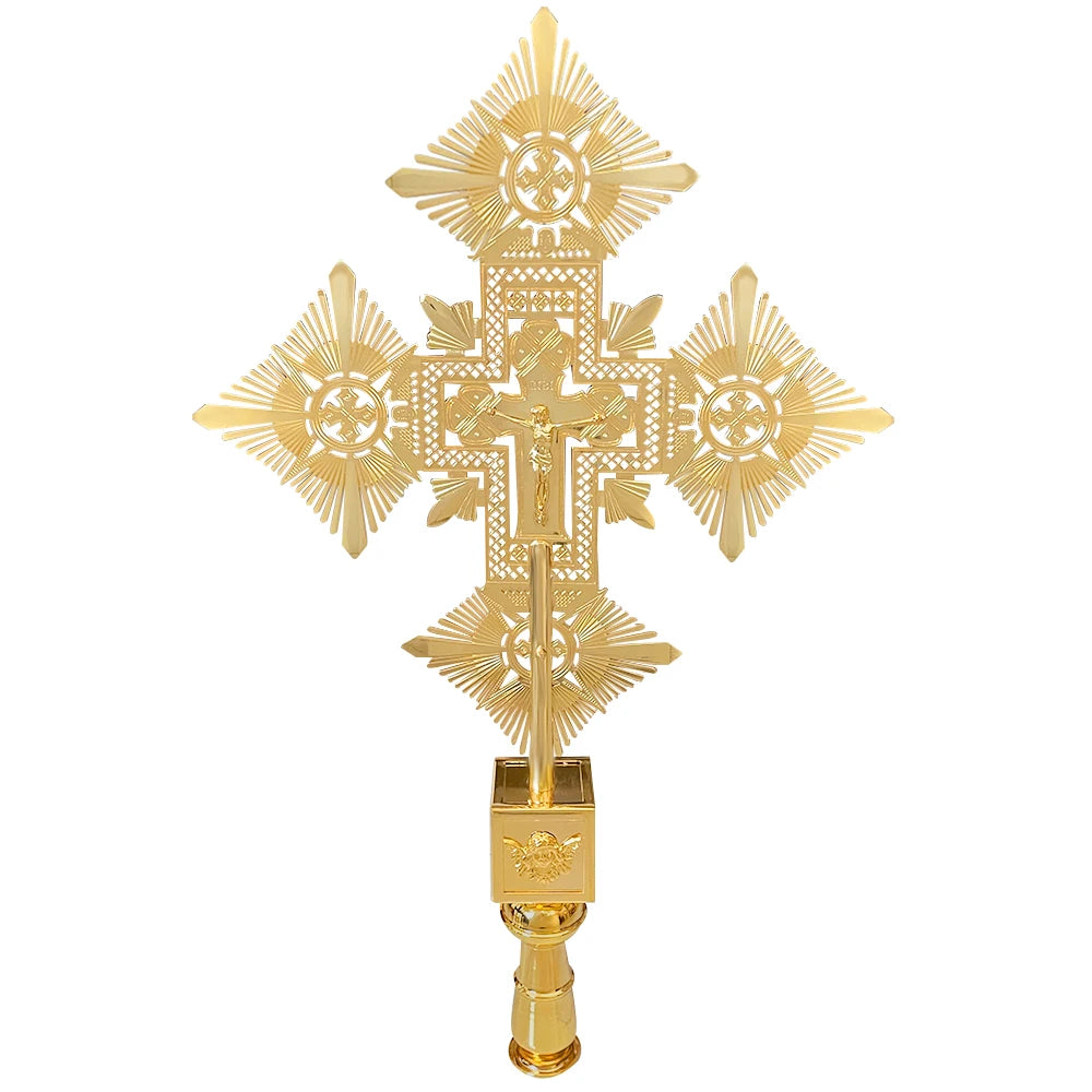 Large Orthodox Processional Cross – Gold Alloy Jesus Crucifix for Church Liturgy