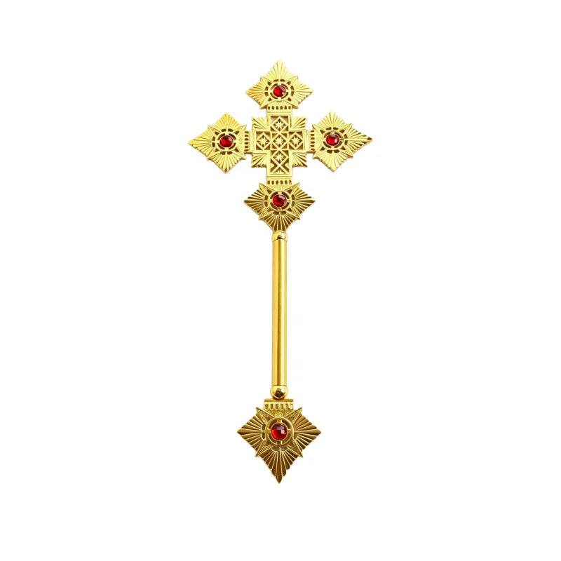 Byzantine Orthodox Priest Blessing Hand Cross – Gold with Red or Blue Gems